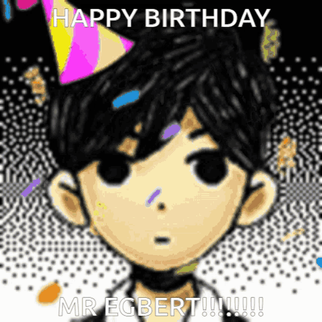 a cartoon of a boy wearing a party hat says happy birthday mr ecbert !!!