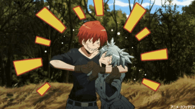 a couple of anime characters standing next to each other with a surprised expression on their faces