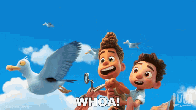 two cartoon boys are sitting on a boat with a seagull and the words " whoa " on the bottom