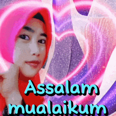 a woman wearing a pink hijab with the words assalamu mualaikum