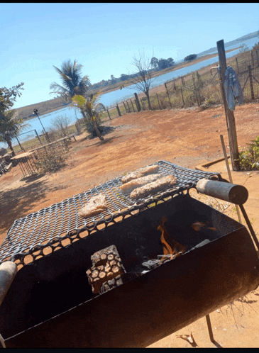 a grill with burgers cooking on it in front of a body of water