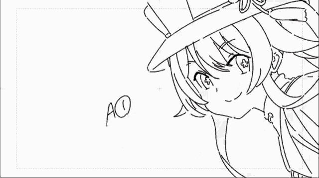 a black and white drawing of a girl in a hat with a large belly .