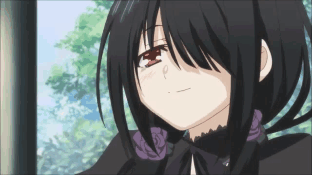 a girl with long black hair and red eyes is looking out a window