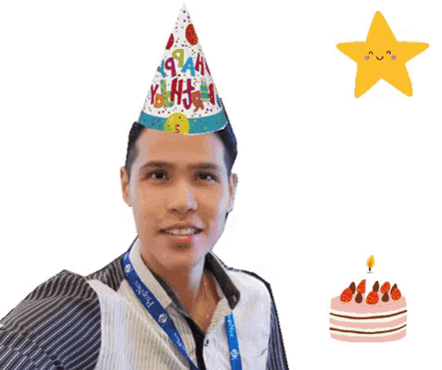 a man wearing a birthday hat says " happy birthday karl "