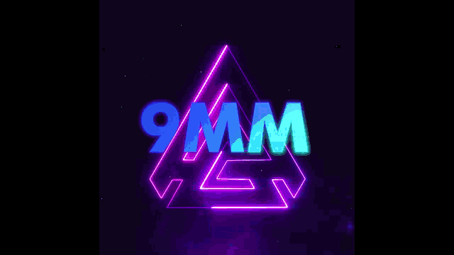 a neon sign that says 9mm in a triangle on a dark background .