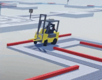 a yellow forklift is driving down a ramp in a building .