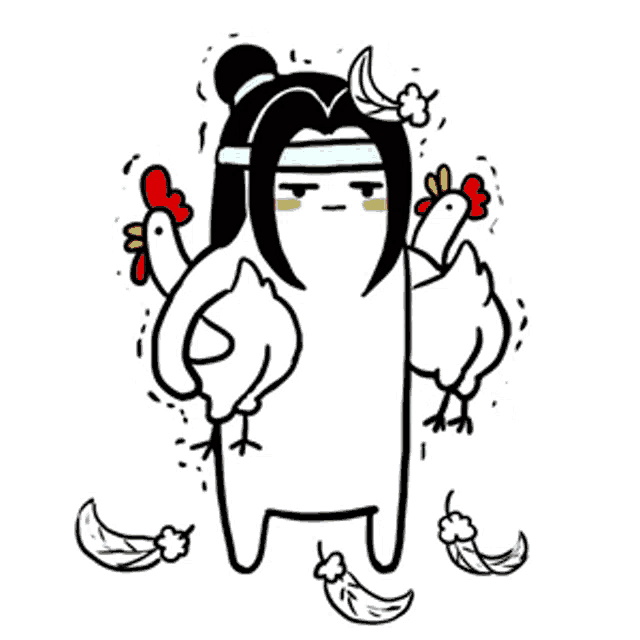 a cartoon character is holding a chicken and a rooster in his hands .