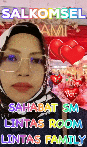 a woman wearing glasses and a scarf is surrounded by hearts and the words salkomsel ami
