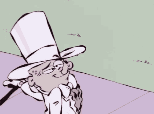 a cartoon character is wearing a top hat and a cane .