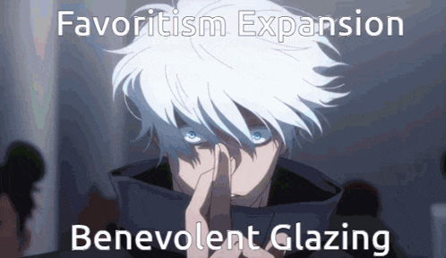 a picture of a man with white hair and blue eyes with the words favoritism expansion benevolent glazing