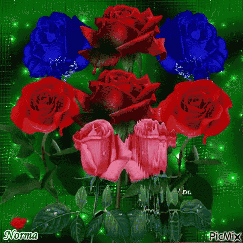 a bunch of red roses and blue roses on a green background