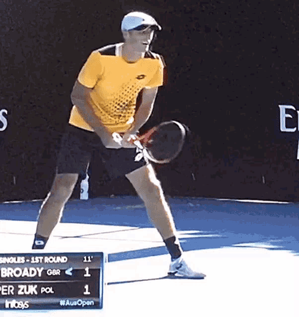 a man in a yellow shirt is holding a tennis racquet while playing tennis