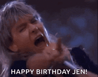 a woman is singing into a microphone with the words `` happy birthday jen '' written on the bottom .
