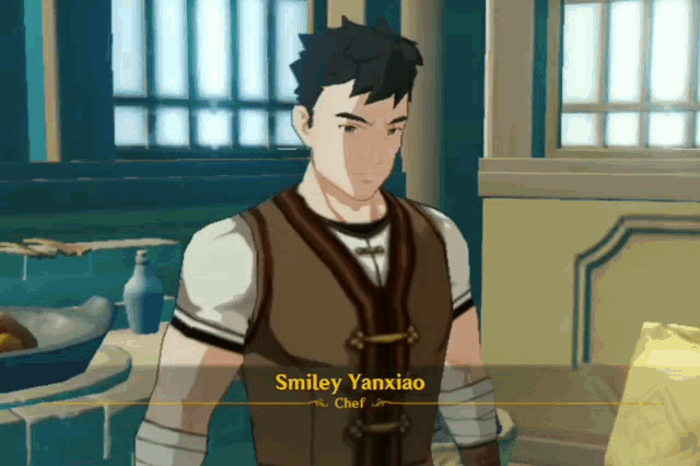 a video game character named smiley yanxiao is standing in a room