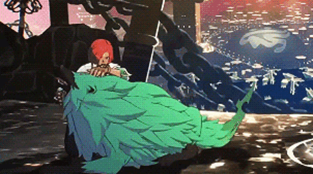 a cartoon of a person riding a green monster