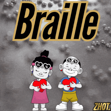 a cartoon of a boy and a girl holding a heart with the word braille above them