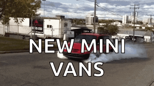 a red van is driving down a street with the words " new mini vans " written on the bottom