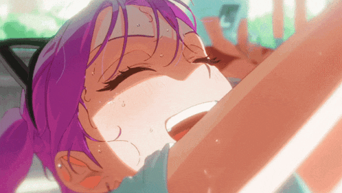 a girl with purple hair and cat ears sweating