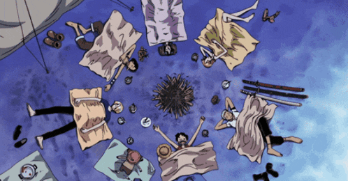 a group of people laying on blankets in a circle with swords hanging from the ceiling