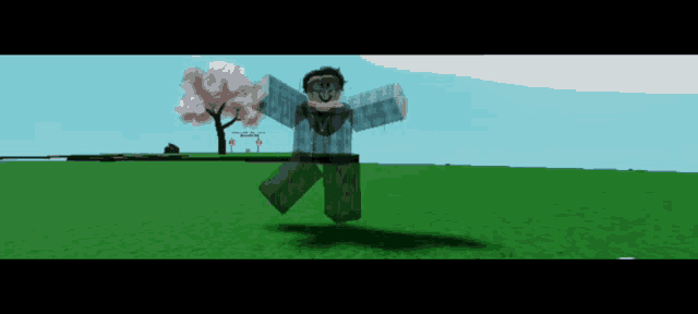 a cartoon character in a plaid shirt is jumping in the air