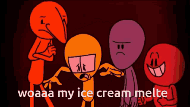 a group of cartoon characters standing next to each other with the words woaaa my ice cream melte
