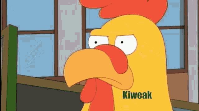 a cartoon rooster with the word kiweak written on its chest