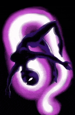 a purple and white swirl is surrounding a black figure