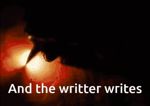 a close up of a person writing with the words " and the writer writes " behind them