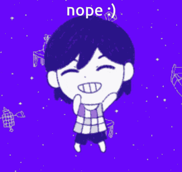 a cartoon character with a purple background and the word nope on the bottom