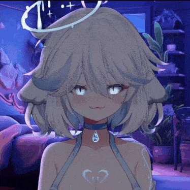 a girl with a halo on her head is smiling