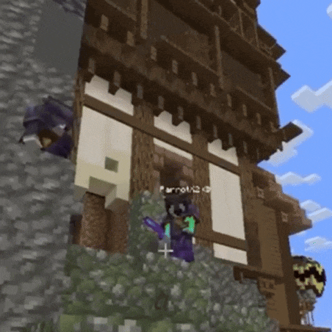 a person in a purple outfit is standing in front of a building in a minecraft game