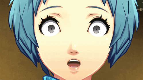 a close up of a blue haired anime girl 's face with a surprised look on her face
