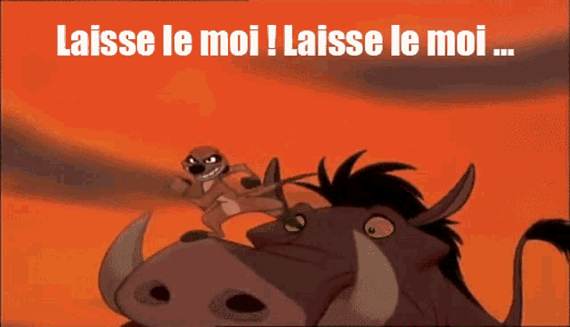 a cartoon of a warthog and a meerkat with the words laisse le moi on the bottom