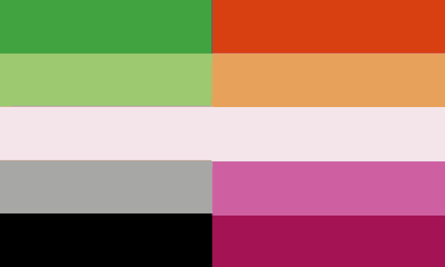a green , red , orange , white , gray , and purple flag with a white stripe in the middle .