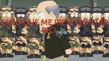 a cartoon of soldiers with the words creo que me ire a montar bici in red