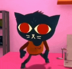 a black cat with red eyes is dancing on a pink table .