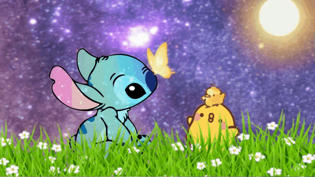 a cartoon of stitch sitting in the grass with a butterfly on his nose