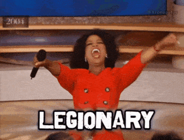 a woman singing into a microphone with the word legionary written below her