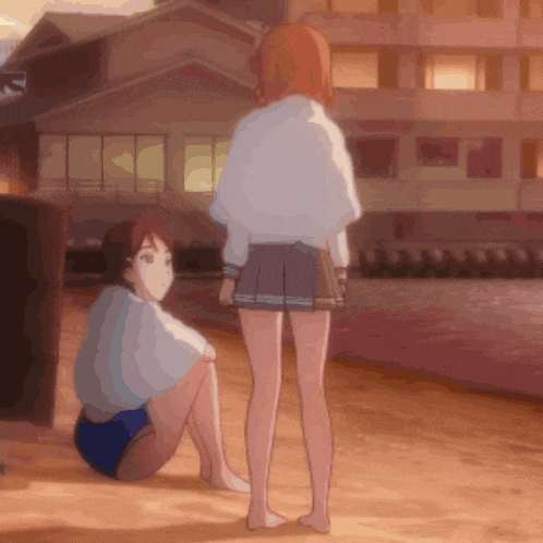 two anime girls are sitting on the ground and one is standing