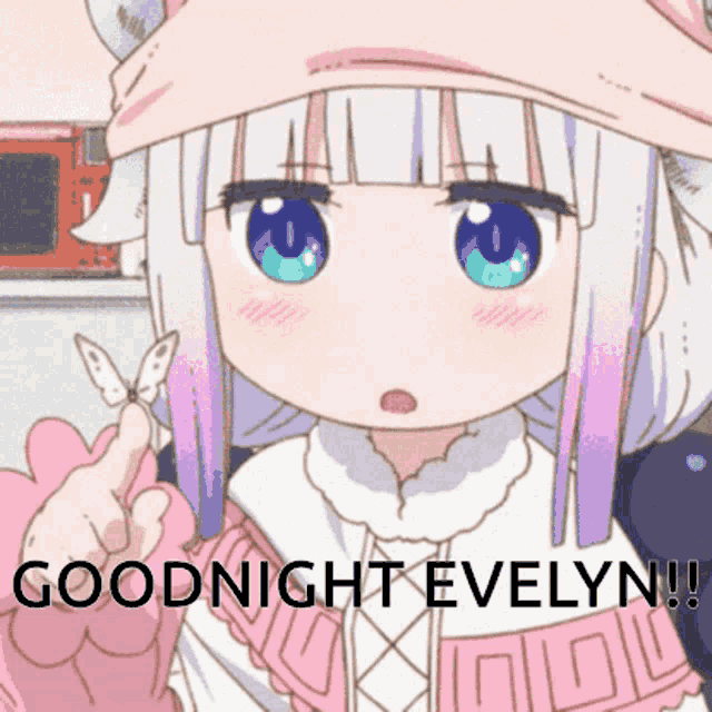 a picture of a girl with the words " goodnight evelyn " on the bottom