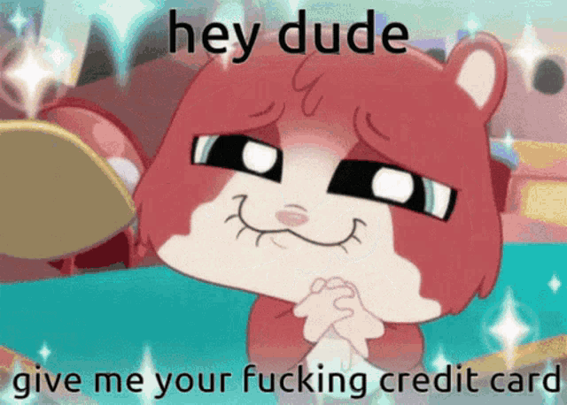 a picture of a hamster with the words hey dude give me your fucking credit card
