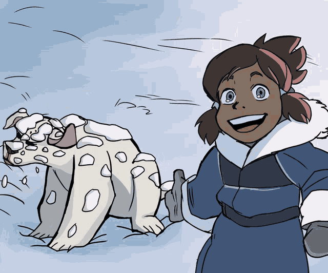 a cartoon of a girl playing with a dog in the snow