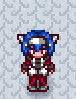 a pixel art drawing of a person with blue hair and red pants