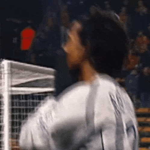a soccer player is standing in front of a goal .