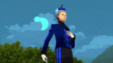 a man in a blue suit has a crescent moon on his hat