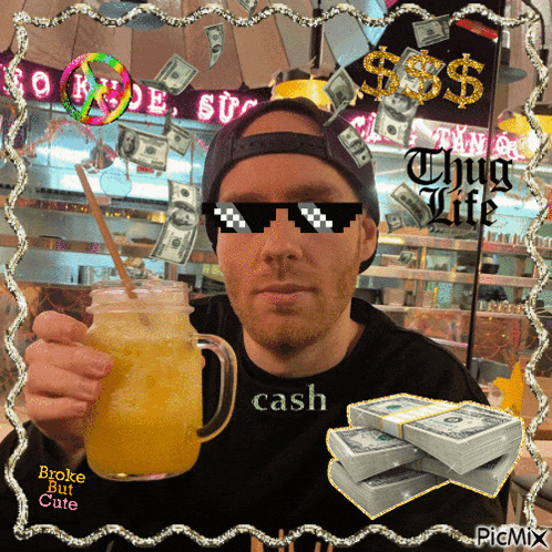 a man wearing sunglasses and a shirt that says cash is holding a drink