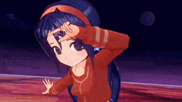 a girl in a red shirt is making a peace sign with her hands .