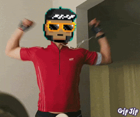 a man in a red shirt is flexing his muscles and has a pixelated face on his head