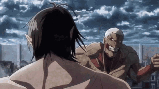a man is standing next to a giant monster with a skull on his face .
