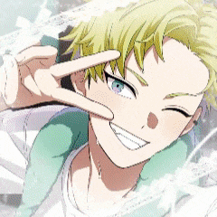 a cartoon character with blonde hair and blue eyes making a peace sign